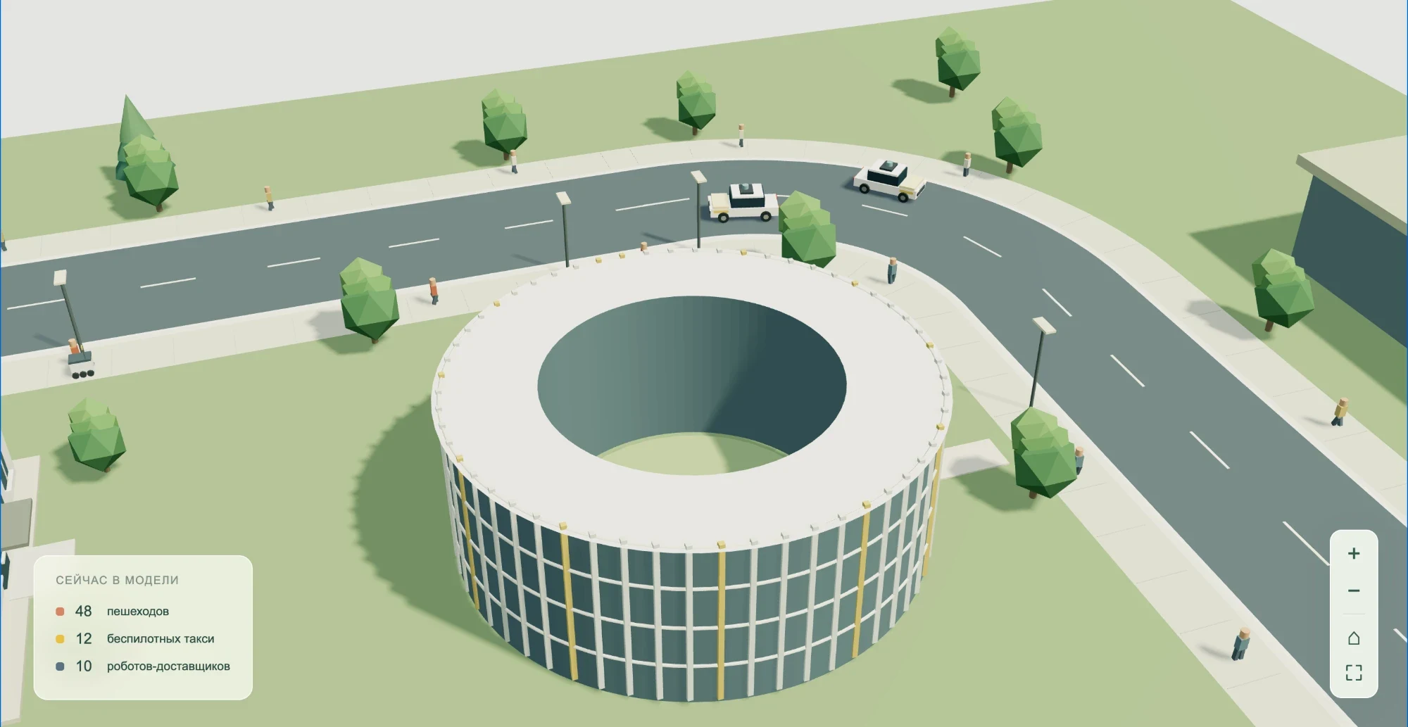 3D-модель круглого здания с автономным такси и пешеходами в симуляторе «Инносим»